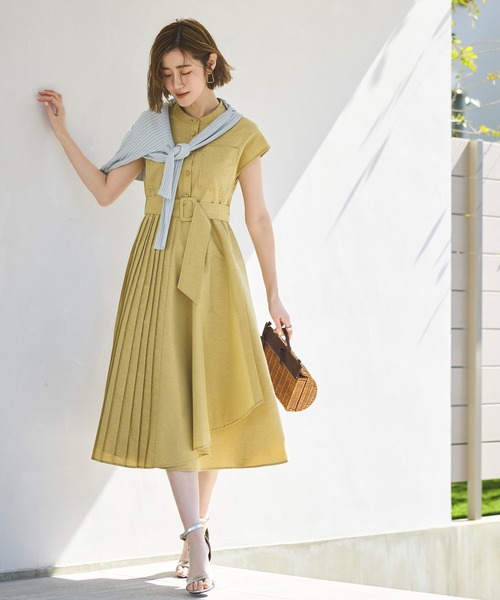 洗えるサイドプリーツ・アシンメトリーワンピース(ベルト付き