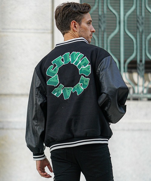 オーバーサイズカレッジロゴスタジャン メンズ PUレザー切り替え