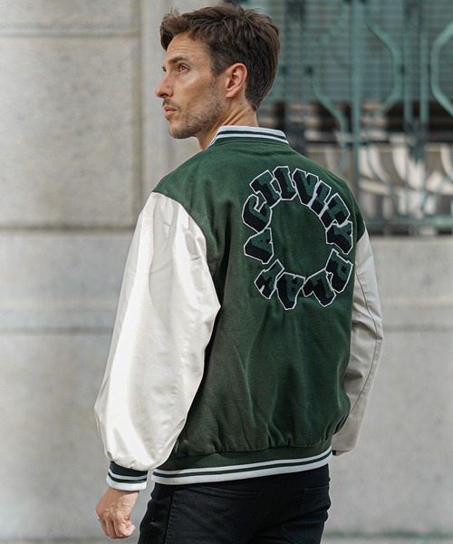 オーバーサイズカレッジロゴスタジャン メンズ PUレザー切り替え