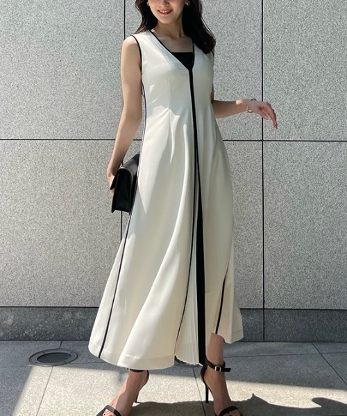 バイカラーパイピングデザインワンピース（ワンピース）｜anuans（ア