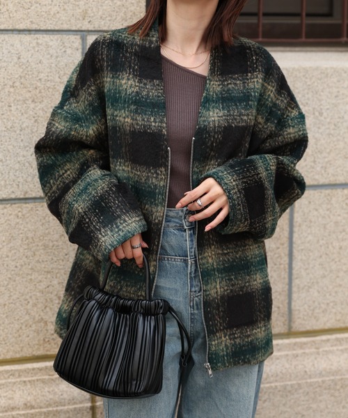 セール】【選べる柄】ノーカラーショートコート/ブルゾン/チェック