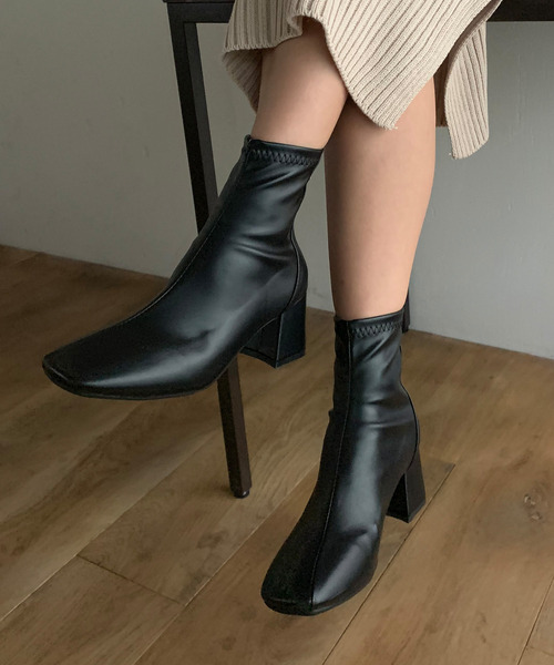 セール】スクエアトゥフェイクレザーショートブーツ（ブーツ）｜JUNOAH