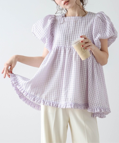 セール】ぽわん袖ギンガムチェックトップス（Tシャツ/カットソー