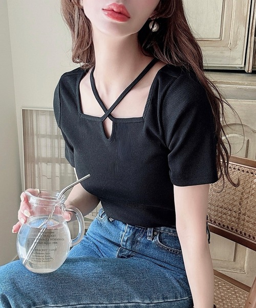 セール】クロスネックリブトップス（Tシャツ/カットソー）｜Meiru