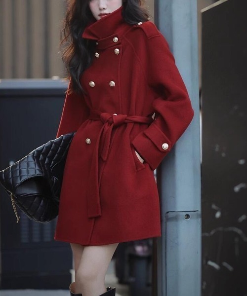 ダブルブレストベルト付きミドルレングスコート（ピーコート