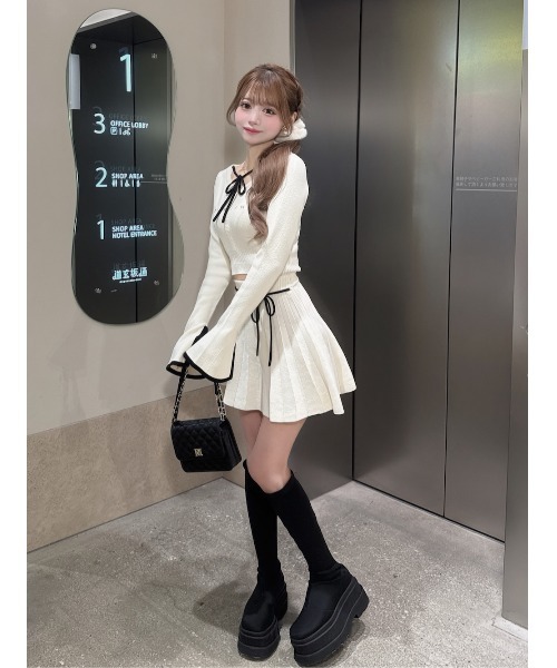 Darich ウエストオープンリボンデザインニットミニワンピース グレー F