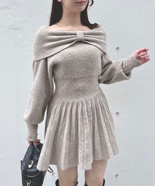 NOMAE（ノーマエ）の「リボンオフショルニットミニワンピース