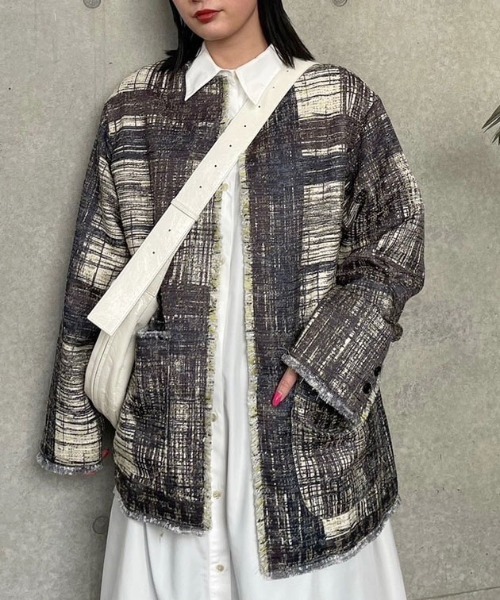 Ameri（アメリ）の「LADY LIKE PRINT TWEEDS JACKET（ノーカラー