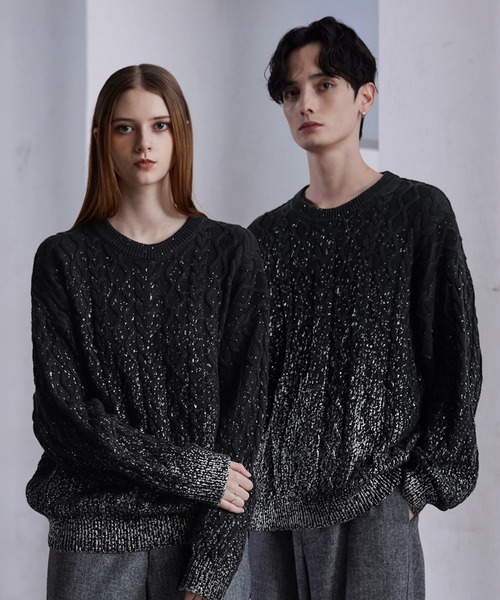 CLEL】Foil Print Cable Crew Neck Knit / 箔プリント ケーブルクルー