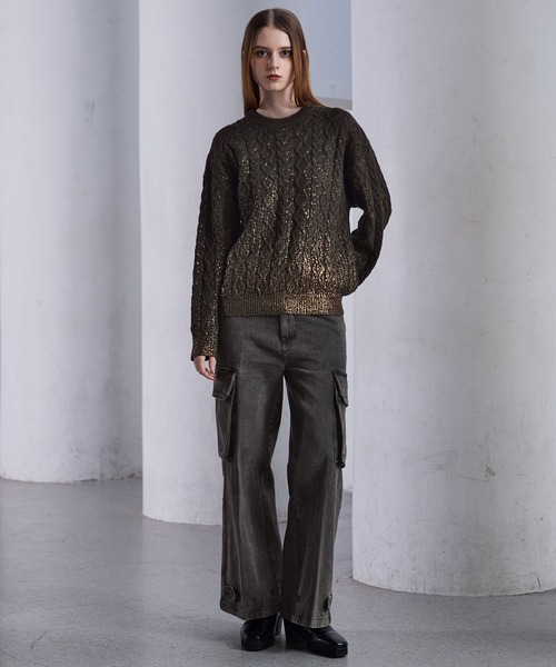 CLEL】Foil Print Cable Crew Neck Knit / 箔プリント ケーブルクルー