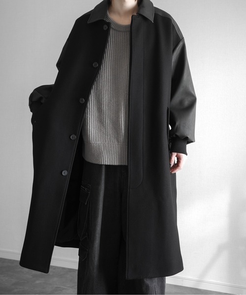 Super 120's Lamb wool Combination Long Balmacaan Coat - Super120's