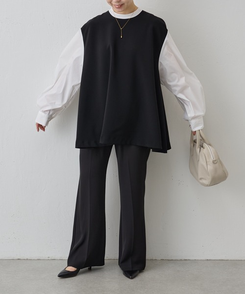 ビアズリー レイヤード風ボリューム袖ブラウス ブラック 洗える 長袖