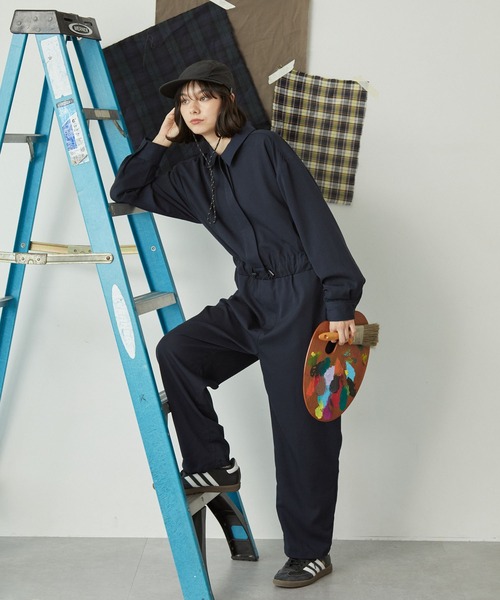 セール】比翼デザイン ドローコード付きジャンプスーツ（つなぎ