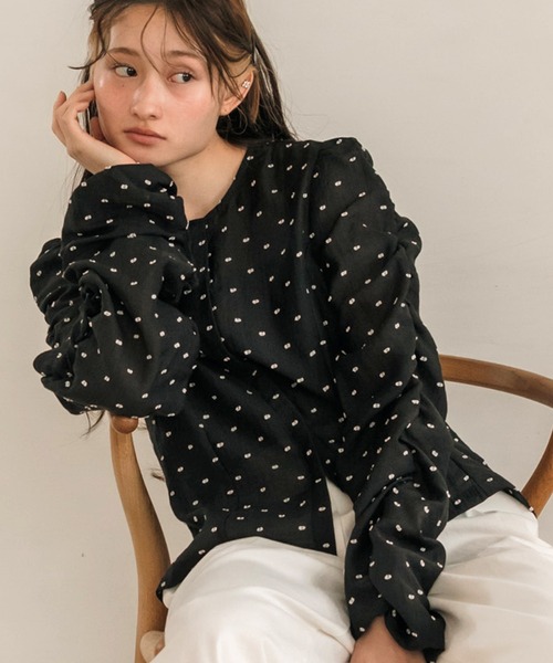 original】ドットシャーリング長袖ブラウス / シアートップス 水玉