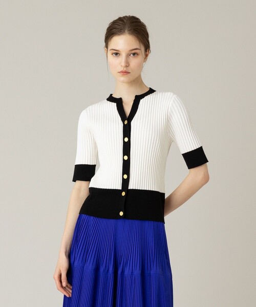 LOULOU WILLOUGHBY】バイカラーキーネック5分袖カーディガン