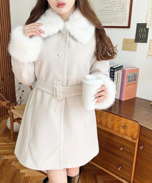 セール】ファーティペット付きミドル丈ステンカラーコート（ステン