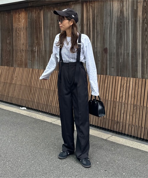 セール】サスペンダー付きハイウエストスラックスパンツ（スラックス