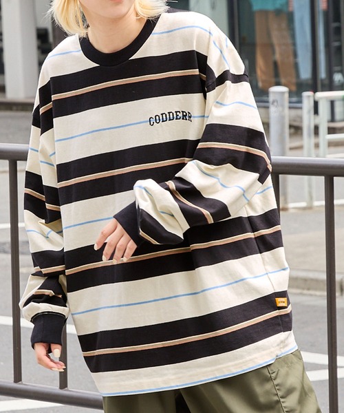 CODDERR】マルチボーダー ロゴ刺繍 ビッグシルエット長袖Tシャツ MONO