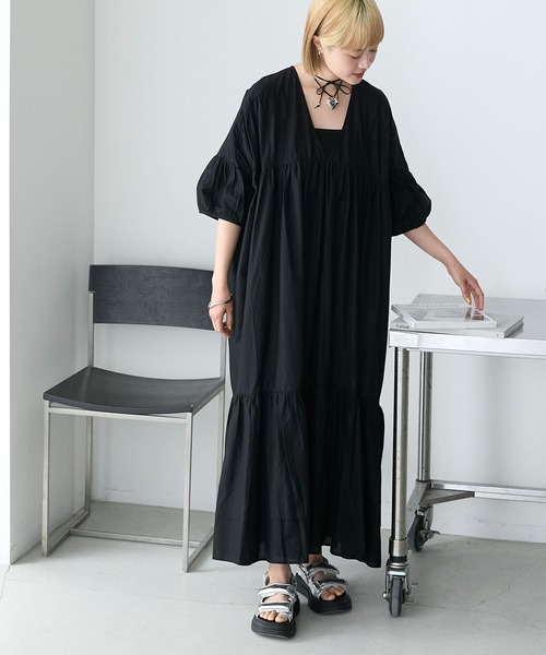forksy.】オーバーデザインティアードギャザーワンピース（ワンピース