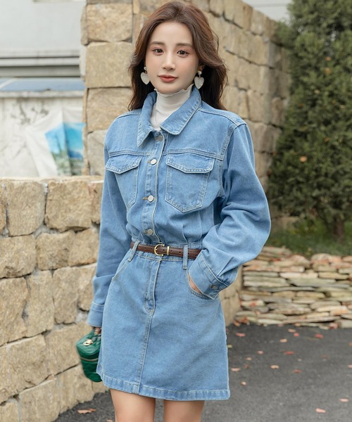 セール】【ショート丈】長袖 セパレート風 Aライン デニム ワンピース