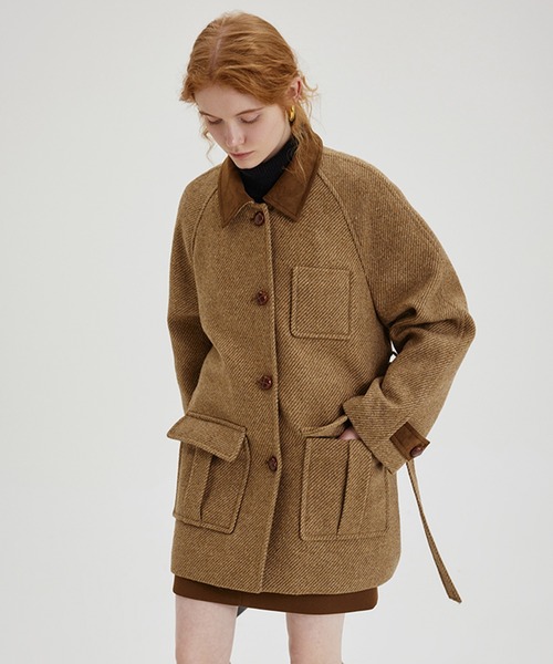 ラグランスリーブ ウールツイード ミドルコート FD23W194【Fano