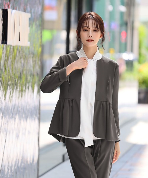 セール】【3点セット】ペプラムノーカラージャケット ボウタイブラウス