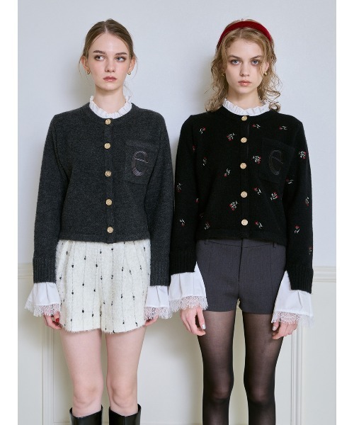 Attachedcollrフラワーモチーフカーディガン（ノーカラージャケット