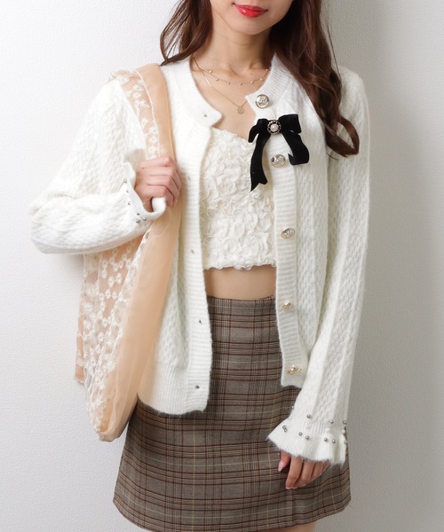 セール】ベロア リボン 金ボタン パール フレアスリーブ ケーブル