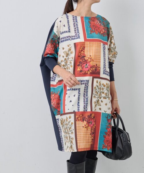セール】スカーフパッチワークプリントワンピース（ワンピース