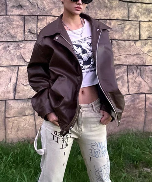 セール】Y2K PUレザー ZIPデザイン オーバーサイズブルゾン ジャケット