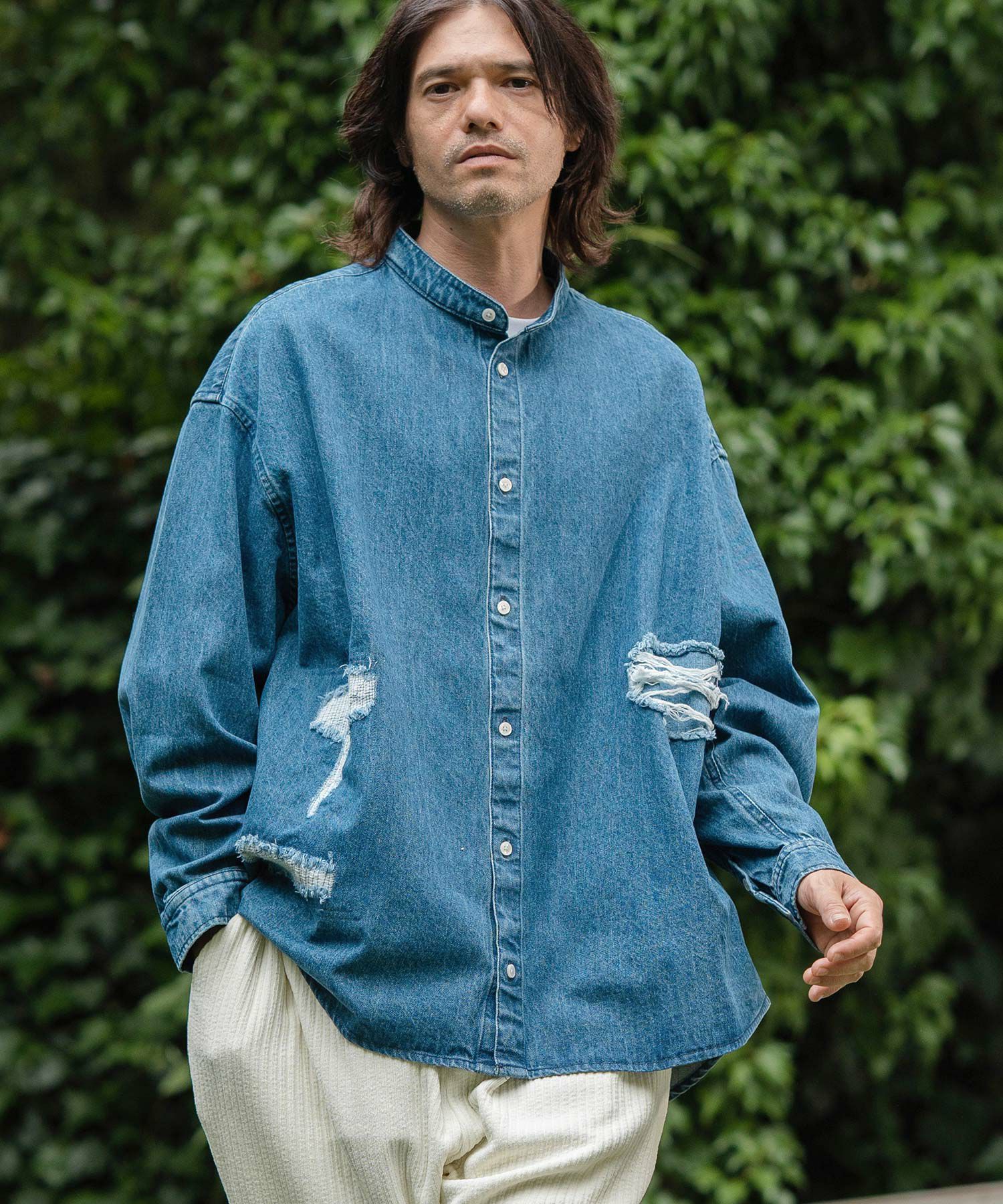 50%OFF【CAMBIO(カンビオ)】Distressed Hickory Repair Denim Shirts