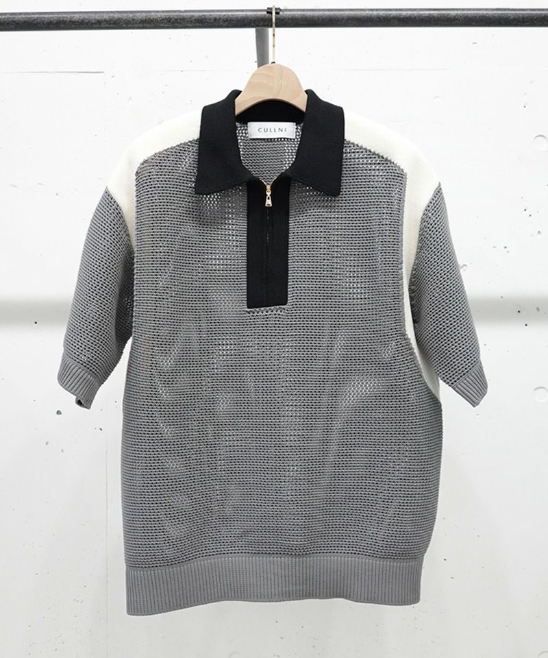 30%OFF【CULLNI(クルニ)】Bi Color Mesh Knit Zip Up Polo Shirt