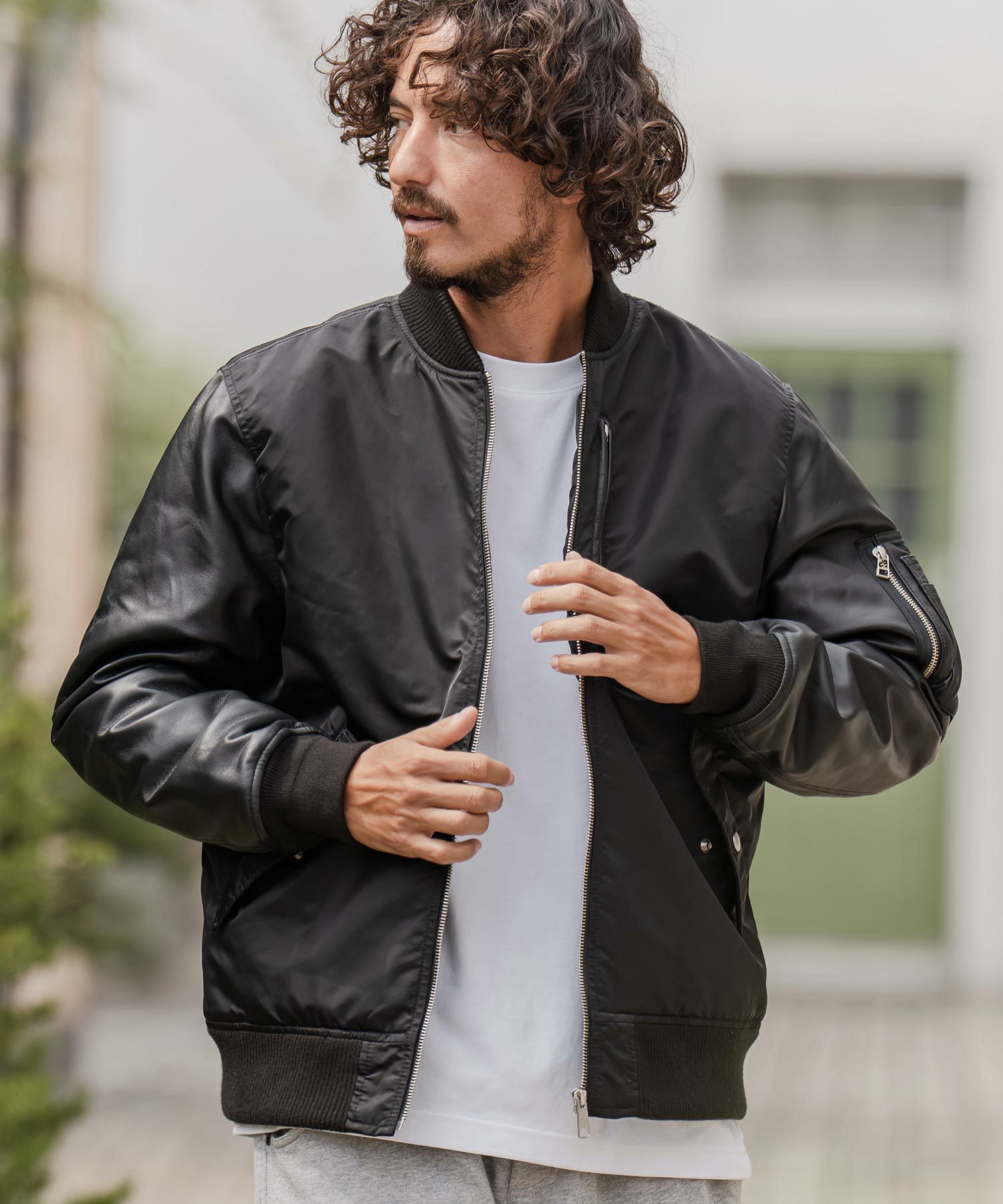 CAMBIO(カンビオ)】ナイロンツイル×レザーMA-1ジャケット | CAMBIO