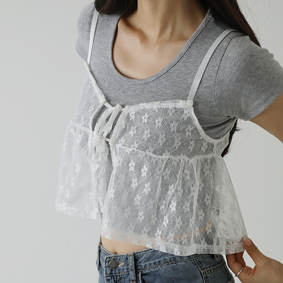 肩紐長さ調節💙ビスチェトップス] フラワーレースシャーリングビスチェ