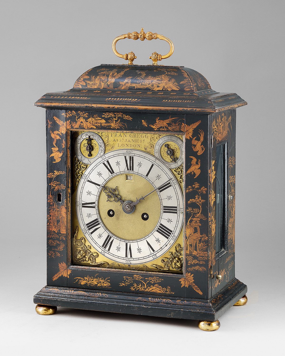 Francis Gregg, London, Black & Gilt Lacquer Striking Table Clock