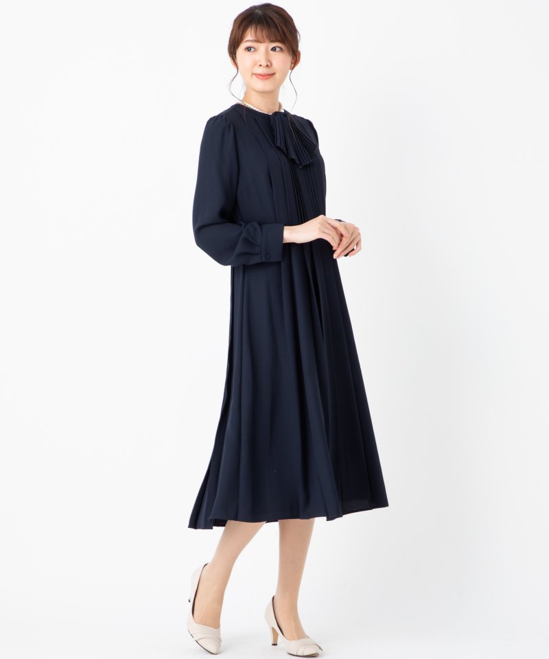 CELFORD セルフォード リボンタイ付きプリーツワンピース ネイビー系