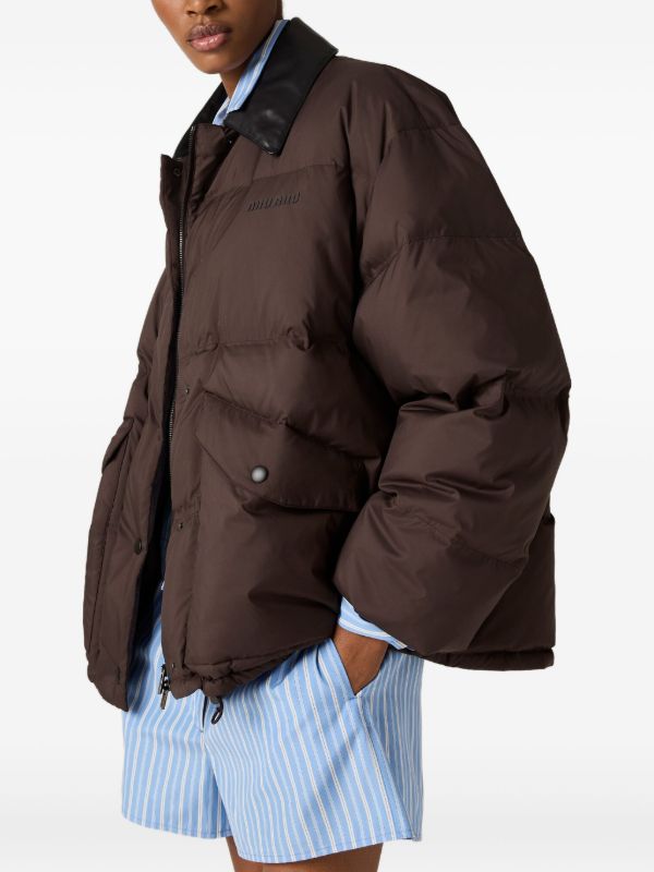 Miu Miu leather-collar Puffer Jacket | Brown | FARFETCH