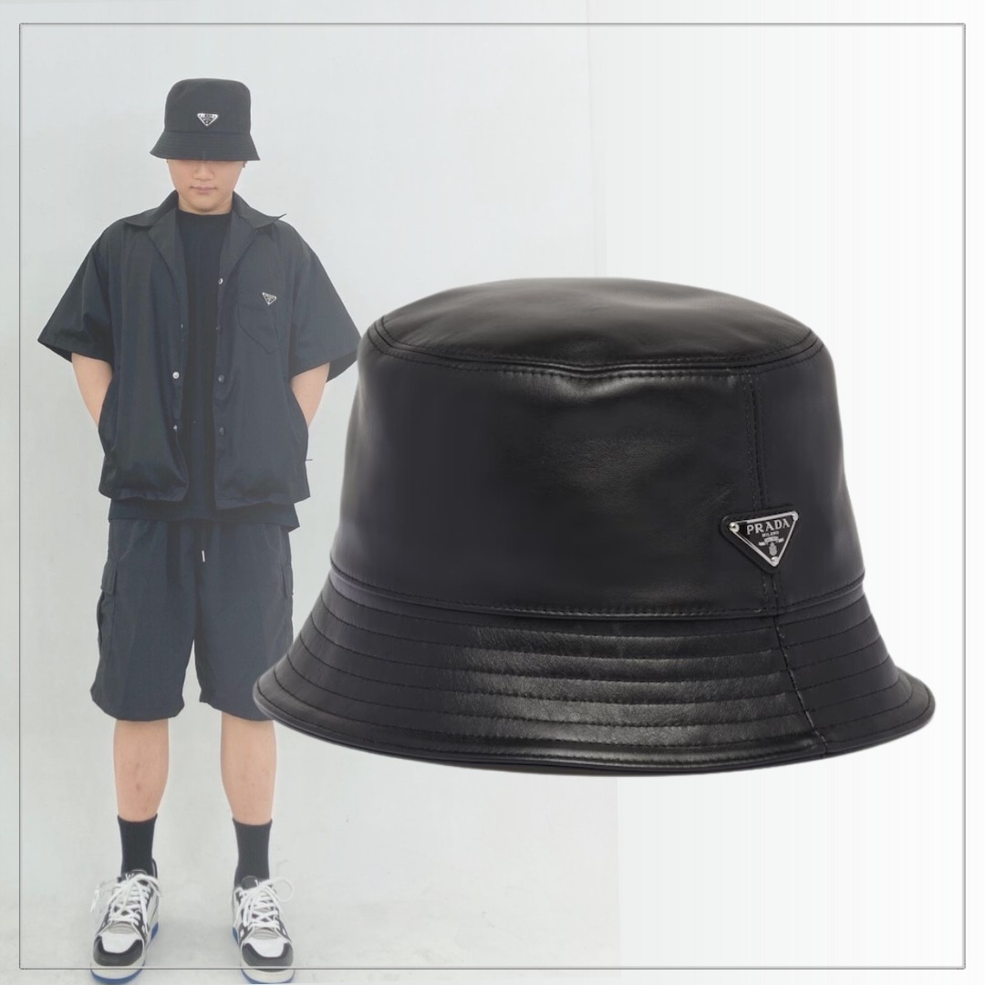 お洒落度UP】PRADA◇ナッパレザー バケットハット ロゴ付 話題 (PRADA