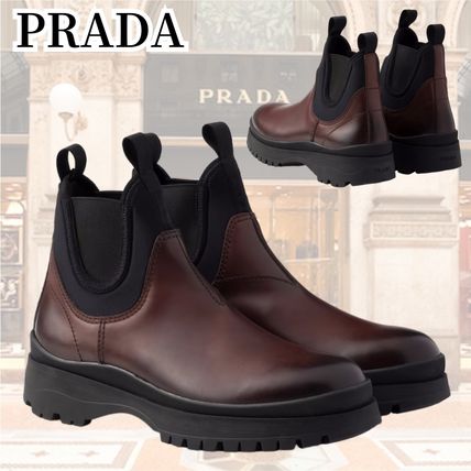 プラダPRADA サイドゴアブーツ38両サイドジッパー焦げ茶 チェルシー