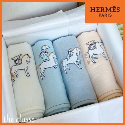 4枚セット＊】可愛い刺繍♪ HERMES コットンガーゼおくるみ (HERMES