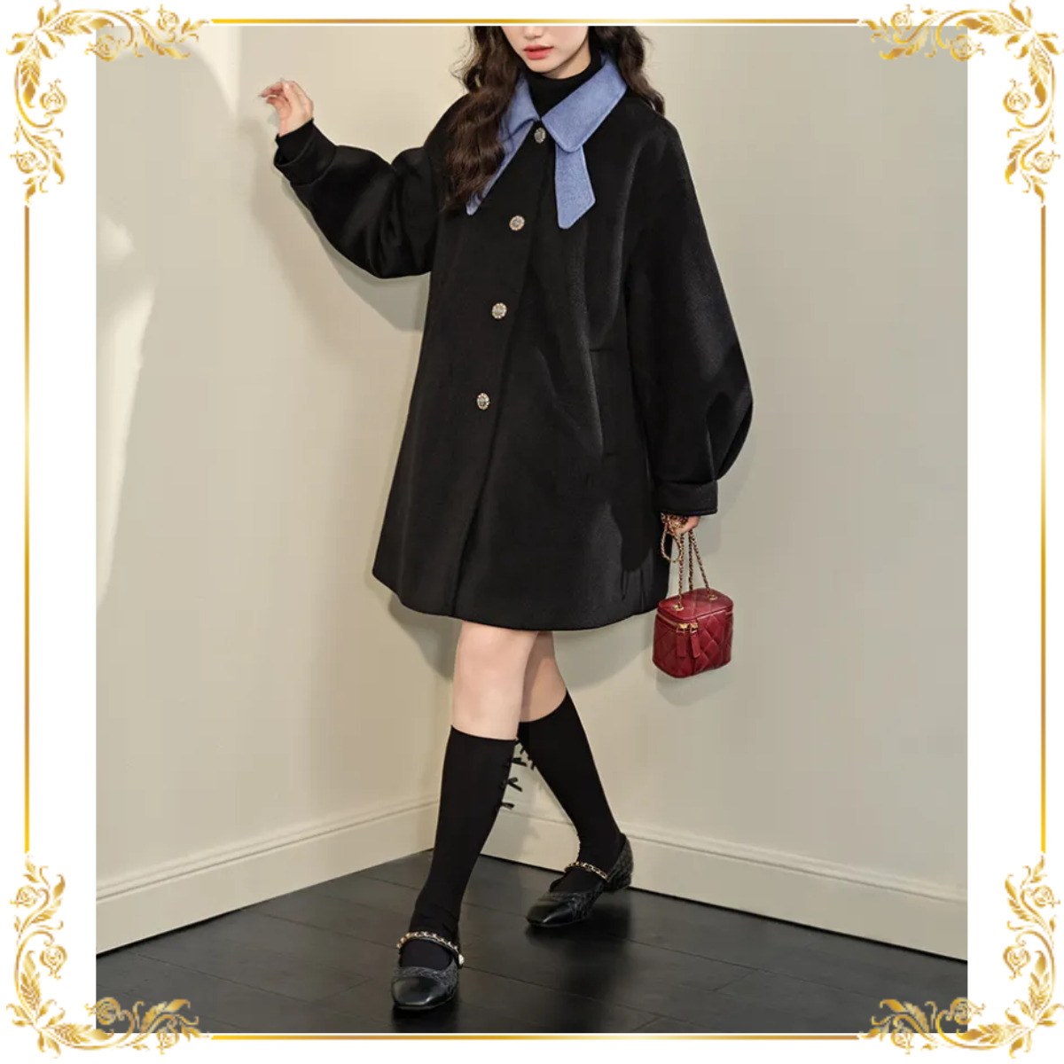 KUOSE ショート リボン 長袖 ボウカラーコート ブラック*関送込 (KUOSE