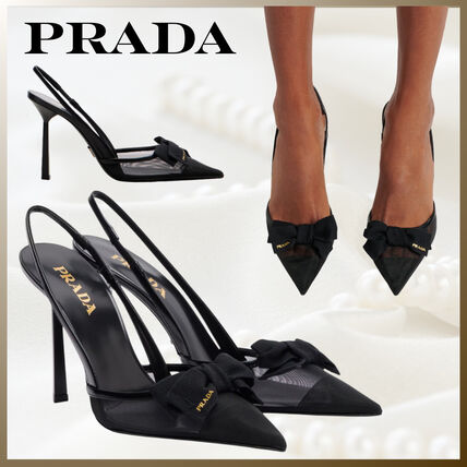 PRADA プラダ リボン付き フラットパンプス ブラック ハラコ調 37