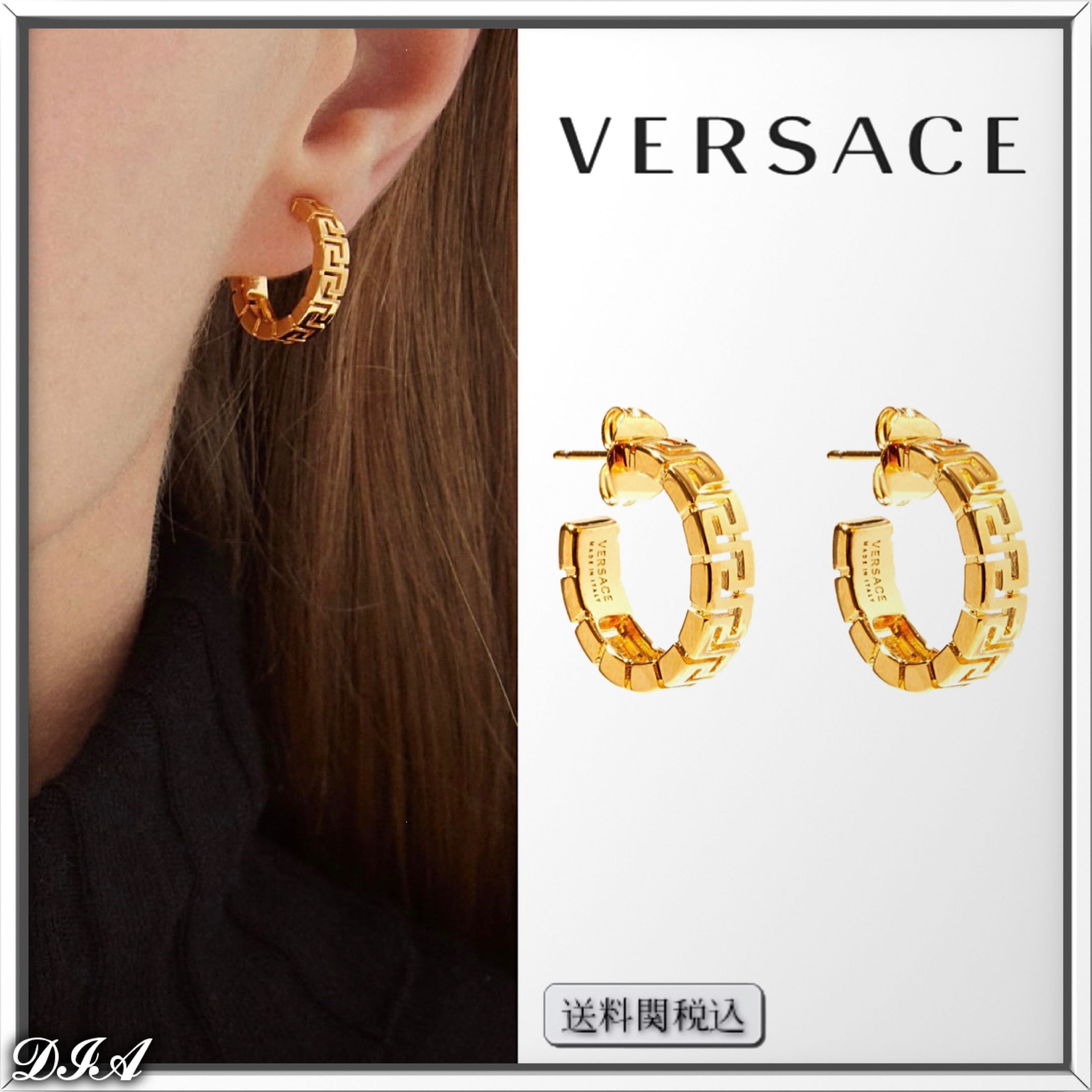 VERSACE ゴールドトーン グレカ カットアウト フープピアス 人気