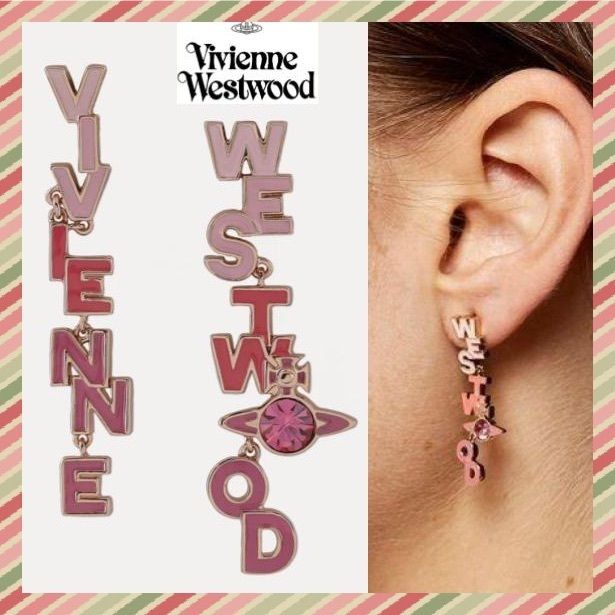 即発 Vivienne Westwood ピアス ゴールド ピンク ロゴ SOHO ORB