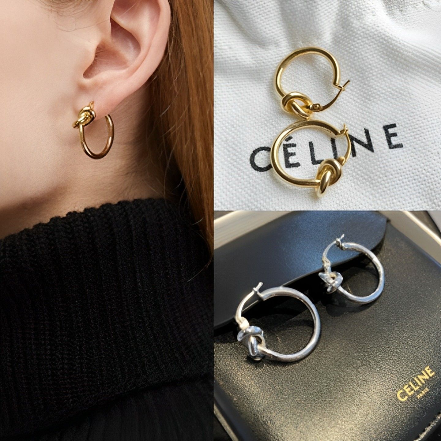 大人気【CELINE】ノット スモールフープ 結び目 ピアス 2色 (CELINE