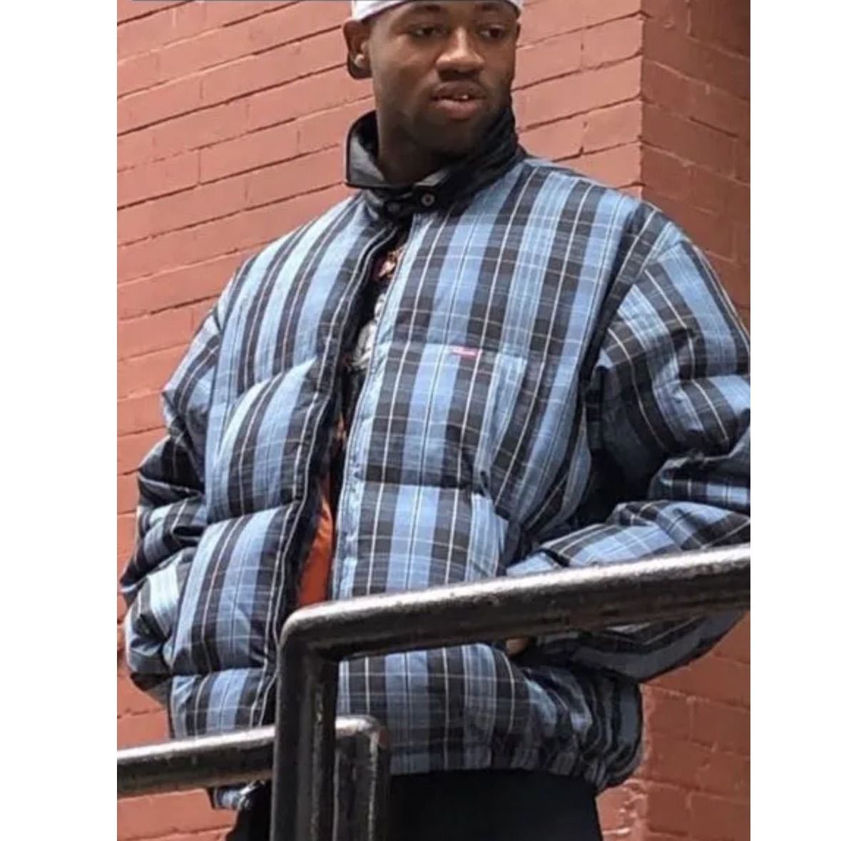 Supreme Leather Collar Puffy Jacket Blue Plaid シュプリーム