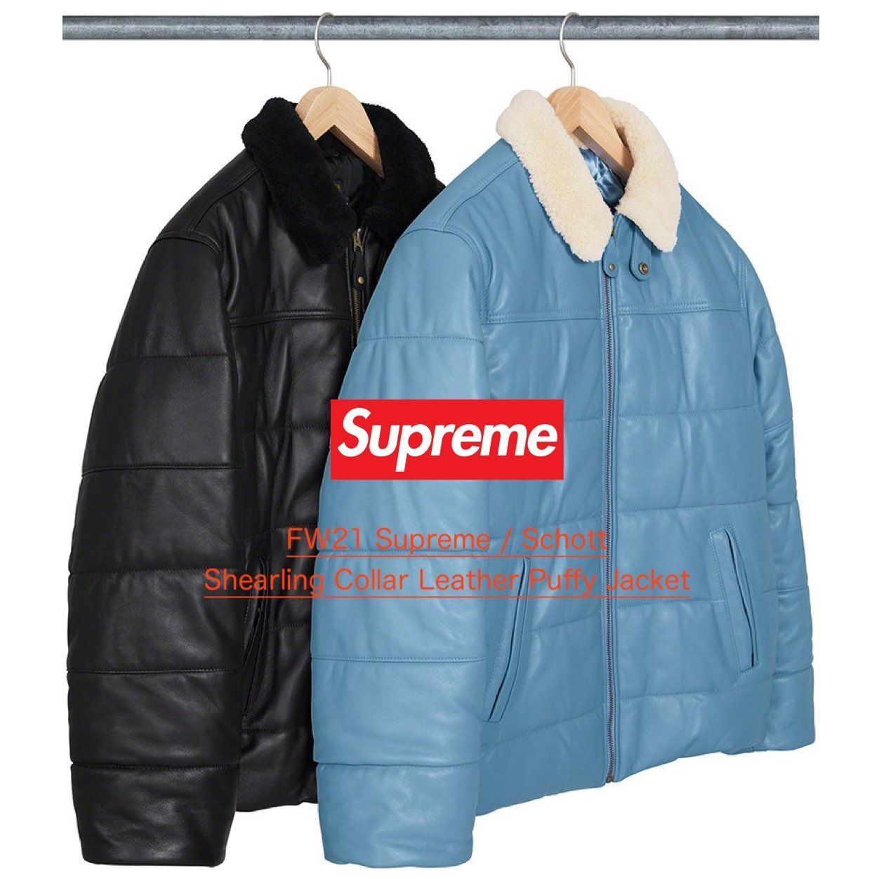 FW21 Supreme Schott Shearling Collar Leather Puffy Jacket (Supreme