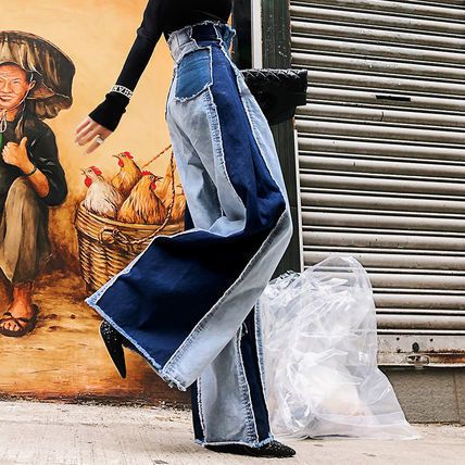 韓国】 パッチワーク デニム ハイウエスト つぎはぎデニム (デニム