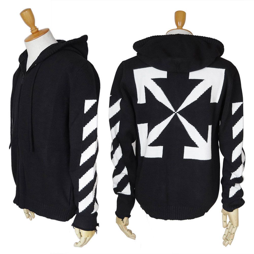 国内発送】オフホワイト ニットパーカー DIAG KNIT ZIP HOODIE (Off