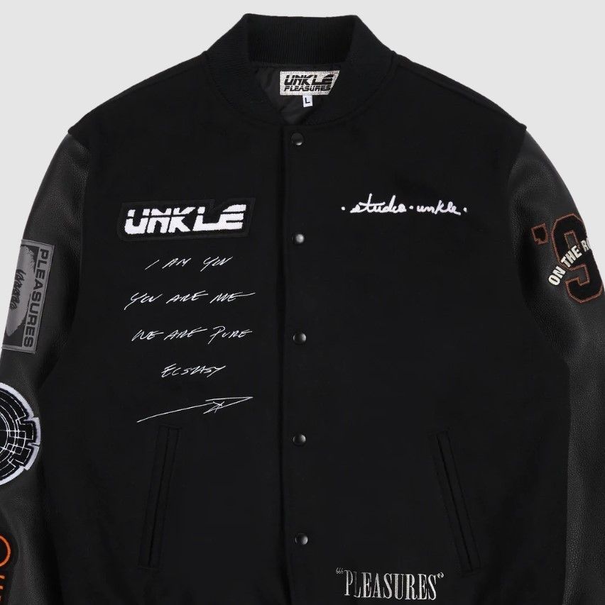 限定 PLEASURES X UNKLE MOWAX ウール バーシティ ジャケット